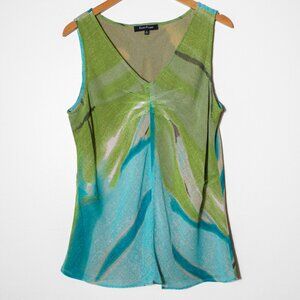 Evan Picone Watercolor Abstract Wave V-Neck Sleeveless Top Coastal Artsy 14